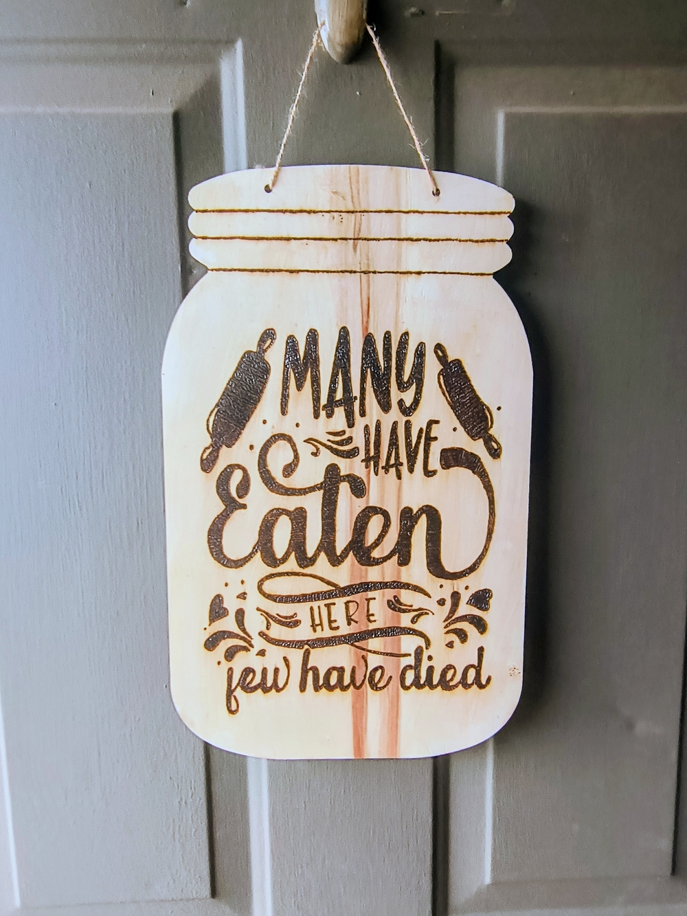 Hand Crafted Light Wood Mason Jar Sign with Dark Burnt Lettering